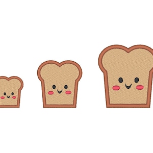 Könnte beinhalten: Drei gestickte Brotscheiben mit lächelnden Gesichtern und rosigen Wangen. Die Brotscheiben sind in verschiedenen Größen gehalten, mit braunen Umrissen und einem beigen Inneren. Das Design befindet sich auf weißem Hintergrund.
