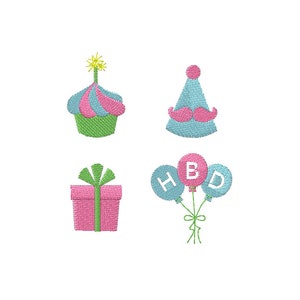 以下が含まれることがあります： 白い背景に刺繍された誕生日のテーマのデザイン。カップケーキ、口ひげ付きのパーティーハット、ギフト、そして「HBD」と書かれた風船が含まれています。デザインはピンク、青、緑、黄色の色合いです。