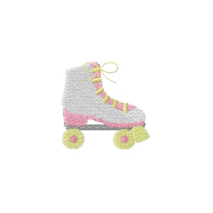 May include: Embroidered roller skate in white, pink, and yellow. The skate features a white upper with pink accents, yellow laces, and yellow wheels. A fun, retro design for apparel or crafts.