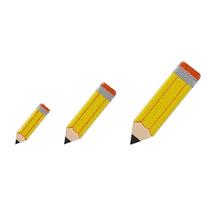 May include: Three yellow pencils with black tips, arranged diagonally on a white background. The pencils are embroidered, with gray and orange accents on the eraser ends. The pencils vary in size, creating a visual hierarchy.