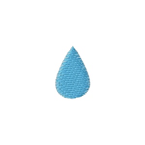 May include: A light blue embroidered teardrop shape against a white background. The teardrop is filled with detailed stitching, creating a textured appearance. The design is simple and clean, suitable for various applications.
