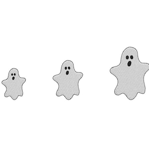 May include: Three gray ghost illustrations of varying sizes on a white background. Each ghost has a simple, surprised expression with a wide open mouth and two eyes. The ghosts are a Halloween theme.