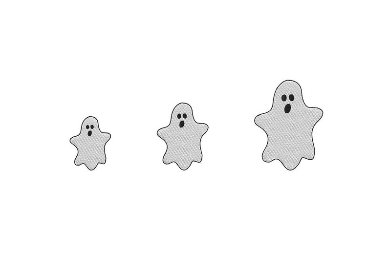 May include: Three gray ghost illustrations of varying sizes on a white background. Each ghost has a simple, surprised expression with a wide open mouth and two eyes. The ghosts are a Halloween theme.