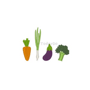 May include: An embroidered design of a carrot, spring onion, aubergine, and broccoli. The carrot is orange with green leaves, the spring onion has white and green sections, the aubergine is purple, and the broccoli is green.