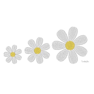 May include: Three daisy flowers with white petals and yellow centers are arranged on a white background. The flowers are embroidered with a textured, stitched appearance. The smallest flower is on the left, with the largest on the right. The word "Todaylo" is in the bottom right corner.