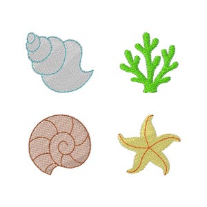 May include: A set of four machine embroidery designs featuring a light grey spiral seashell with a blue outline, a bright green coral branch, a tan circular nautilus shell with brown detailing, and a pale yellow starfish with orange accents.
