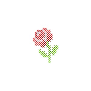 May include: A cross-stitch pattern of a single flower with a red blossom and a light green stem with two leaves. The design is composed of small, intersecting diagonal stitches that form a grid-like structure against a plain white background.