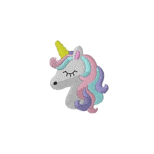 May include: An embroidered patch featuring a gray unicorn head with a yellow horn, closed eyes, and a flowing mane composed of pink, teal, and purple thread. The design is rendered in a dense stitch pattern against a plain white background.