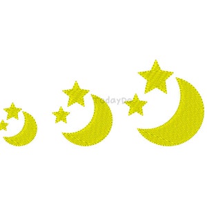 May include: Yellow embroidered design featuring crescent moons and stars. The design includes three sets of moons and stars in varying sizes, all with a textured, stitched appearance. The background is plain white.