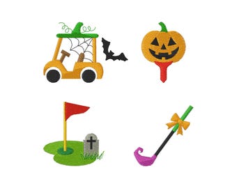 Mini borduurset met Halloween golfmotieven voor de golfmachine (golfkarretje, golfclub, golfbaan, pompoen golftee) - DIRECT TE DOWNLOADEN