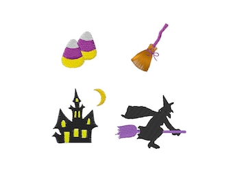 Mini borduurset voor Halloween (Snoepmaïs, heksenbezem, spookhuis, heksensilhouet)