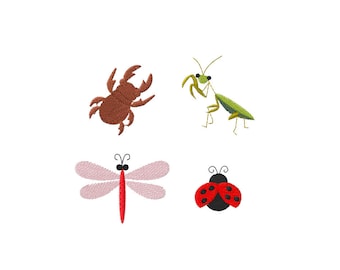 May include: Four embroidered insect designs on a white background. Includes a brown beetle, a green praying mantis, a pink dragonfly, and a red and black ladybug. These designs are suitable for crafting projects.