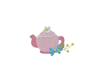 Mini Teapot with Flower Machine Embroidery Design- 3Sizes - INSTANT DOWNLOAD - Embroidery File