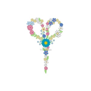 May include: Embroidered floral scissors design. The scissors are composed of various flowers in shades of pink, blue, yellow, and white, with a large turquoise flower at the center. The text "Tornado" is at the bottom.