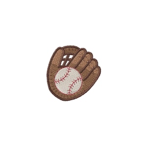 May include: An embroidered patch featuring a brown baseball glove holding a white baseball with red stitching. The design uses detailed thread work to show the texture of the leather glove and the distinct seams of the baseball in the center.