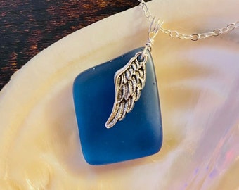 Royal Blue Sea Glass Pendant Necklace: Sterling Silver Angel Wing Charm
