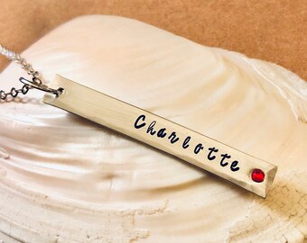 Hand Stamped Sterling Silver Necklace: Personalized Pewter Bar, Birthstone Crystal