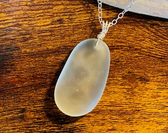 Large White Sea Glass Pendant Necklace: Sterling Silver, Beach Jewelry