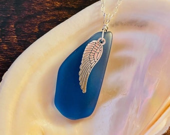 Royal Blue Sea Glass Pendant Necklace: Sterling Silver Angel Wing Charm