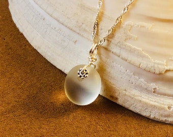 Dainty White Sea Glass Pendant Necklace - Sterling Silver