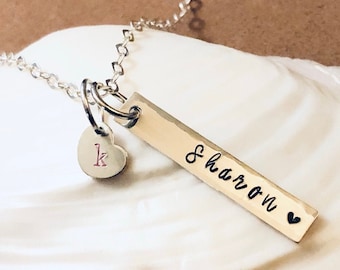 Stamped Sterling Silver Necklace: Personalized Rectangle & Heart Charm