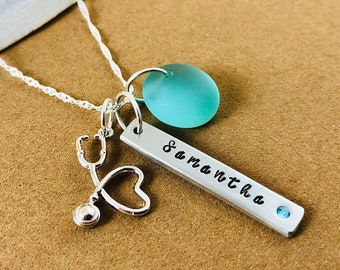 Personalized Sea Glass Nurse Necklace: Hand Stamped Name Pendant, Sterling Silver