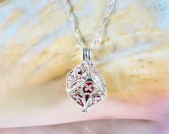 Silver Filigree Locket Necklace, Aromatherapy Diffuser Pendant, Italian Chain