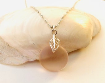 Sea Glass Pendant Necklace, Beach Glass Jewelry, Sterling Silver Necklace, Jewelry Gift for Sister, Charity Jewelry, Gift for Mom, Pale Pink