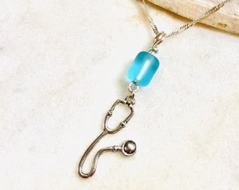 Sea Glass Stethoscope Necklace: Sterling Silver Medical Jewelry