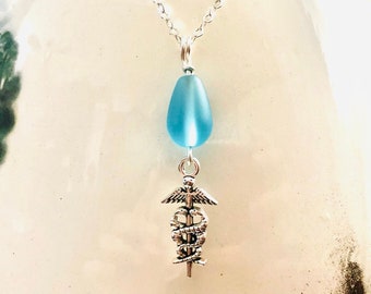 Caduceus Pendant - Sea Glass Necklace - Medical Jewelry - Nurse Doctor Jewelry - Sterling Silver Jewelry - Turquoise Blue Beach Glass