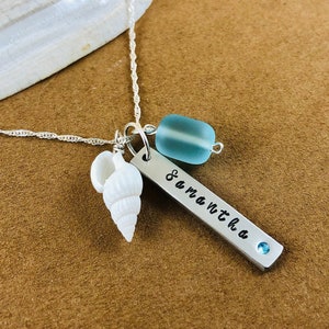 Personalized Sea Glass Necklace: Hand Stamped Pewter, Shell Charm, Birthstone