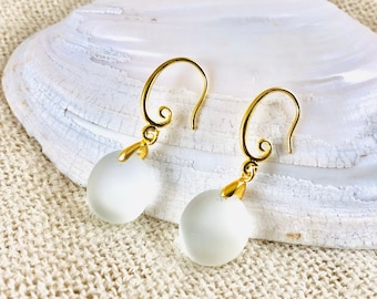 White Sea Glass Earrings: 18k Gold Filled Round Drop Jewelry