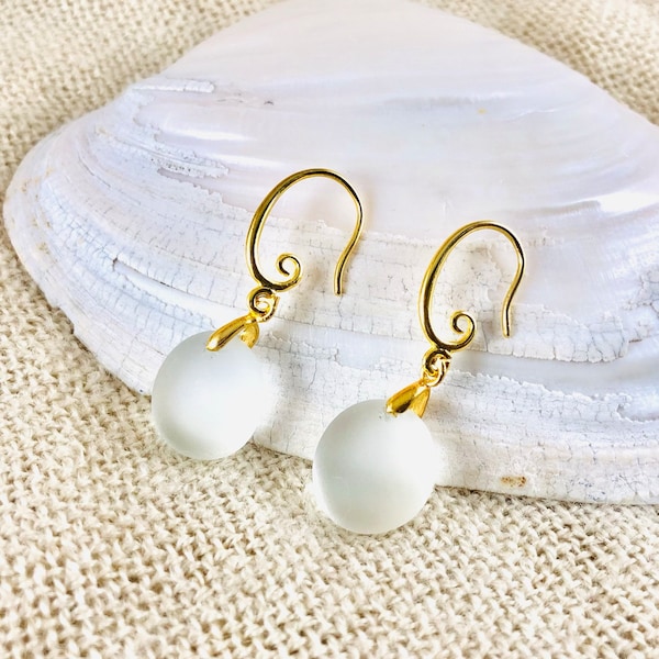 Sea Glass Earrings, 18k Gold Filled Jewelry, Beach Glass Jewelry, Round Drop Earrings, Mom Birthday Gift, Jewelry for Mom - White