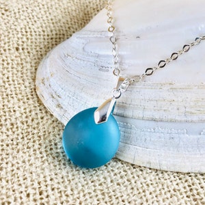 Sea Glass Drop Pendant Necklace Sterling Silver Beach Glass Jewelry Simple Unisex Seaglass Necklace Medium Turquoise Blue image 2