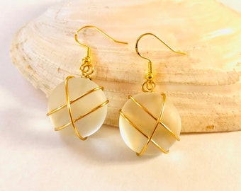 Sea Glass Earrings - Gold Beach Glass Jewelry - Wire Wrapped Earrings - Dangle Drop Earrings - Round Earrings - Gift for Her - White