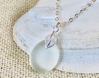 Sterling Silver Sea Glass Pendant Necklace: Elegant Leaf Bail