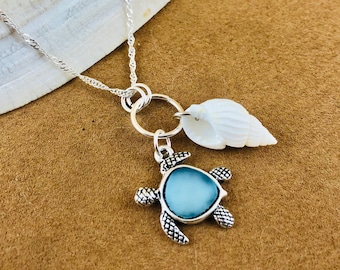 Sea Glass Turtle Necklace: Sterling Silver Shell Charm, Beach Jewelry