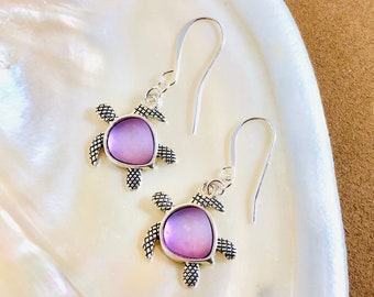 Pink Sea Glass Turtle Earrings: Sterling Silver Beach Jewelry