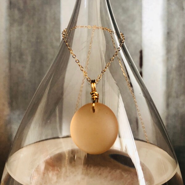Beige Sea Glass Necklace: 14k Gold Filled Pendant, Unisex Jewelry
