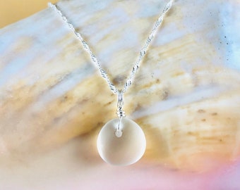 Small White Sea Glass Necklace: Sterling Silver Pendant, Unisex Beach Jewelry