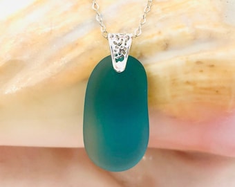 Large Turquoise Sea Glass Pendant Necklace: Sterling Silver, Beach Jewelry
