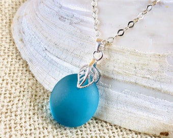 Sterling Silver Sea Glass Pendant Necklace - Beach Glass Jewelry - Silver Leaf Pendant - Elegant Seaglass Jewelry - Deep Turquoise Blue