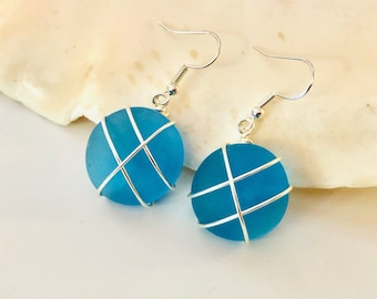 Turquoise Sea Glass Earrings: Sterling Silver Wire Wrapped Round Drops