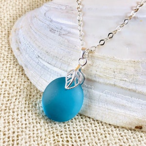 Sterling Silver Sea Glass Pendant Necklace Beach Glass Jewelry Silver Leaf Pendant Elegant Seaglass Jewelry Deep Turquoise Blue image 1