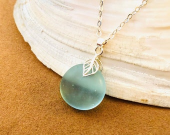 Sea Glass Pendant Necklace: Sterling Silver Leaf Bail, Light Sky Blue