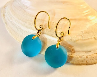 Turquoise Sea Glass Earrings: 18k Gold Filled, Hypoallergenic