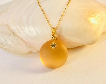 Beige Sea Glass Necklace: 14k Gold Filled Pendant with Daisy