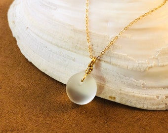 Sea Glass Pendant Necklace - Gold Beach Glass Jewelry - 14k Gold Filled Necklace - Charity Jewelry - Unisex Jewelry - Simple Jewelry - White