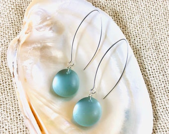 Elegant Dangle Sea Glass Earrings - Sterling Silver Earrings - Round Drop Beach Glass Earrings - V Shaped Wire Earrings - Light Sky Blue