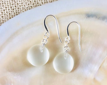 Sterling Silver Sea Glass Earrings: Small White Dangle Earrings